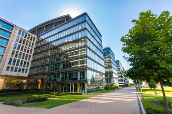 Alley with modern office buildings in Budapest